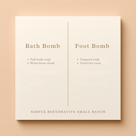 Product packaging for bath bombs and foot bombs on a beige background