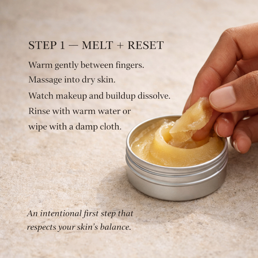 Hand applying a skincare product to skin with text instructions on a beige background