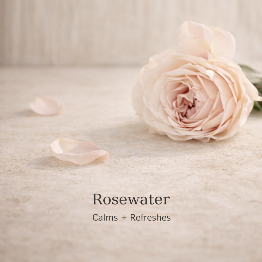 Pink rose and petals on a textured surface with 'Rosewater Calms + Refreshes' text.