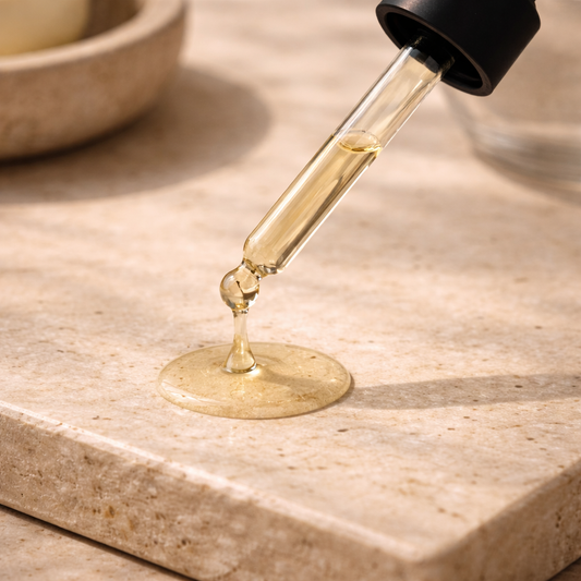 Dropper with yellow liquid on a beige stone surface