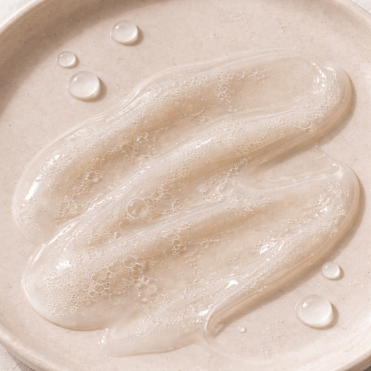 Close-up of translucent natural shampoo with soft bubbles spread across a warm ceramic surface, showing glossy gel texture and gentle lather detail.