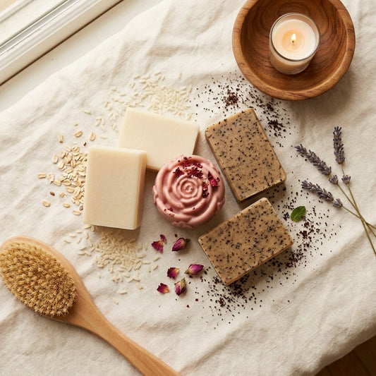 2 smooth pale ivory Rice Milk bars, 2 tan-brown bars with visible flecks of coffee grounds (Coffee Mint), and 1 soft rose-pink, rose-shaped Yoni bar finished with a few dried rose petals
