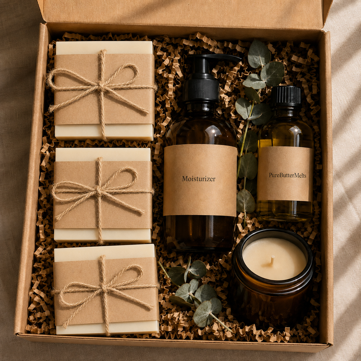 Ultimate Luxe gift set — three soap bars, two PureButterMelts moisturizer bottles, and a candle in a kraft box — PureButterMelts