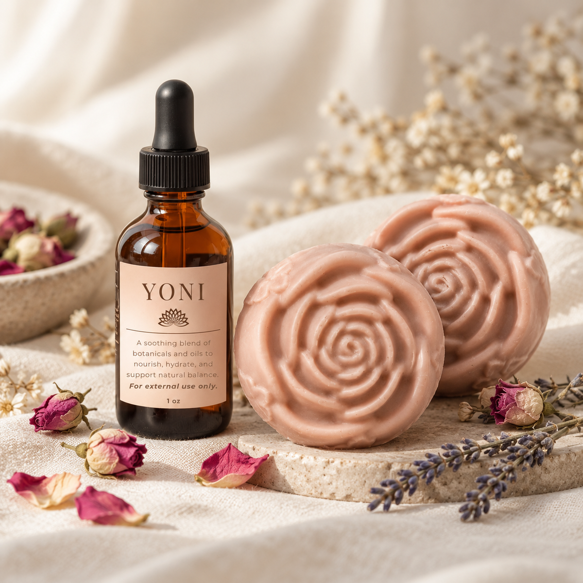 Yoni Care Set — two rose-shaped soap bars with 1 oz nourishing oil bottle — PureButterMelts