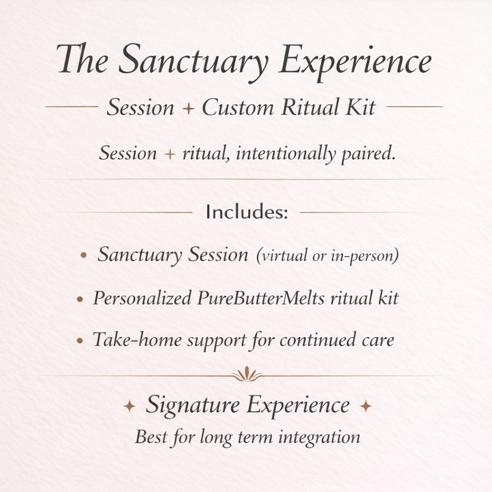 Promotional slide for The Sanctuary Experience featuring a personalized wellness session paired with a custom PureButterMelts ritual kit designed for long-term self-care integration and holistic emotional and physical restoration.