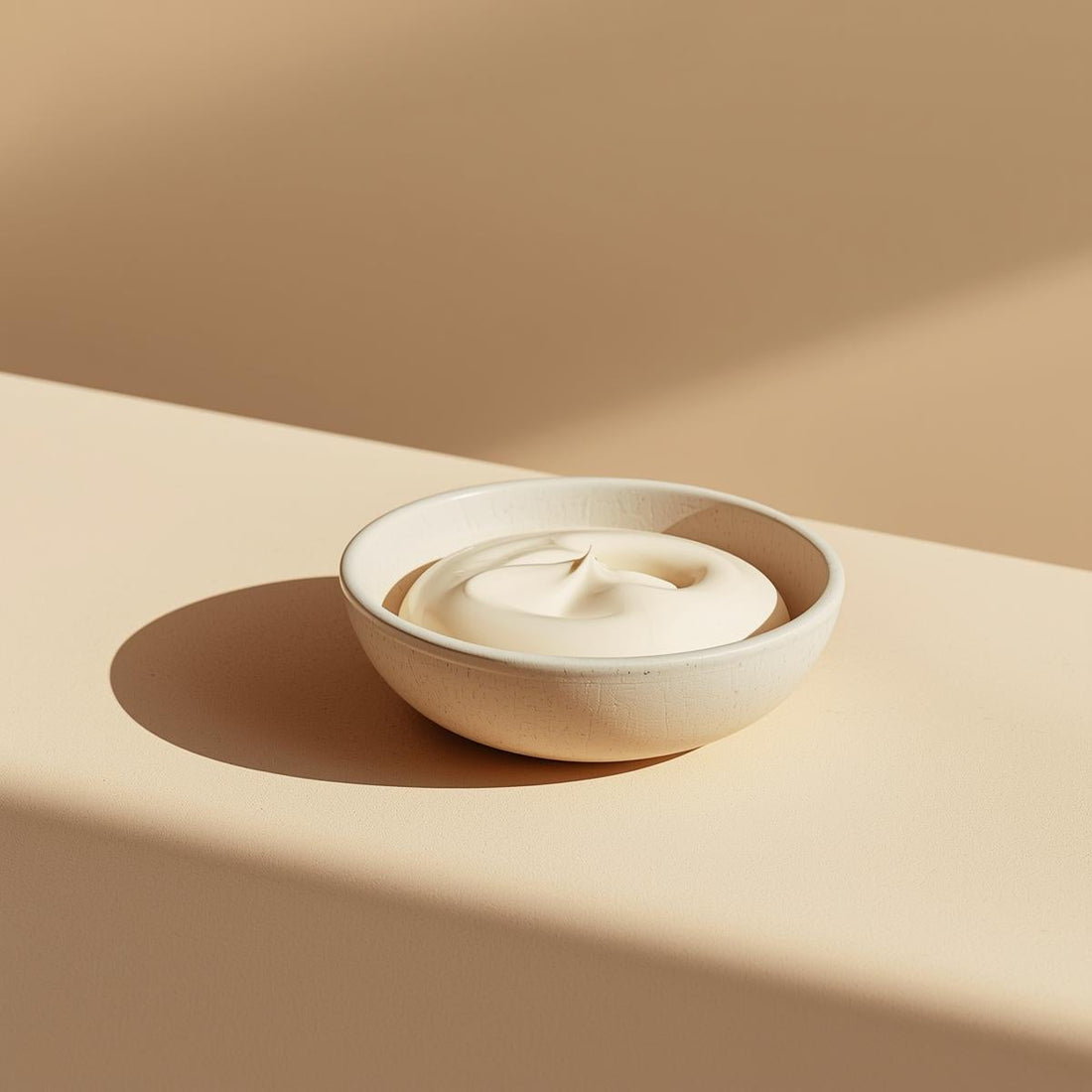 A minimalist skincare flat lay featuring a soft cream texture in a ceramic dish on a warm neutral background, photographed in natural light to evoke calm and intentional self-care.