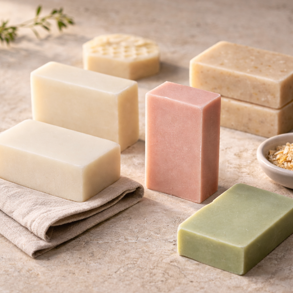 Artisan milk and clay soap collection including goat’s milk, honey milk, French pink clay, oat, and sage bars photographed in apothecary-style natural light.