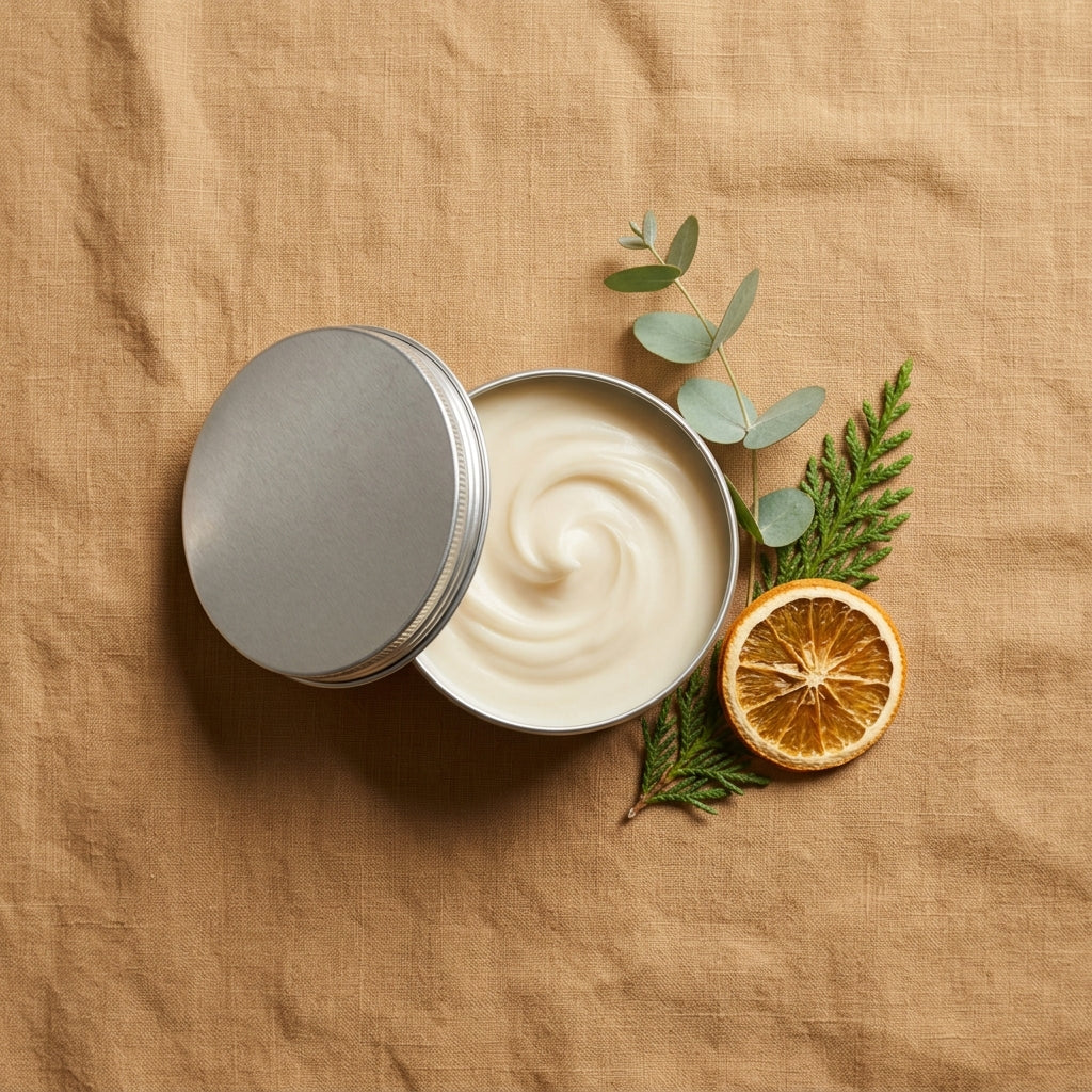 PureButterMelts Aftershave Balm in open tin, styled with a dried orange slice and eucalyptus sprig on linen