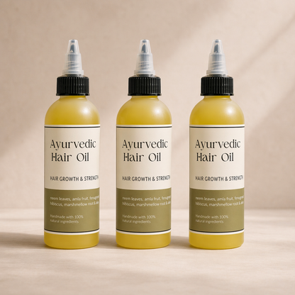 Three bottles of Ayurvedic Hair Oil on a beige background