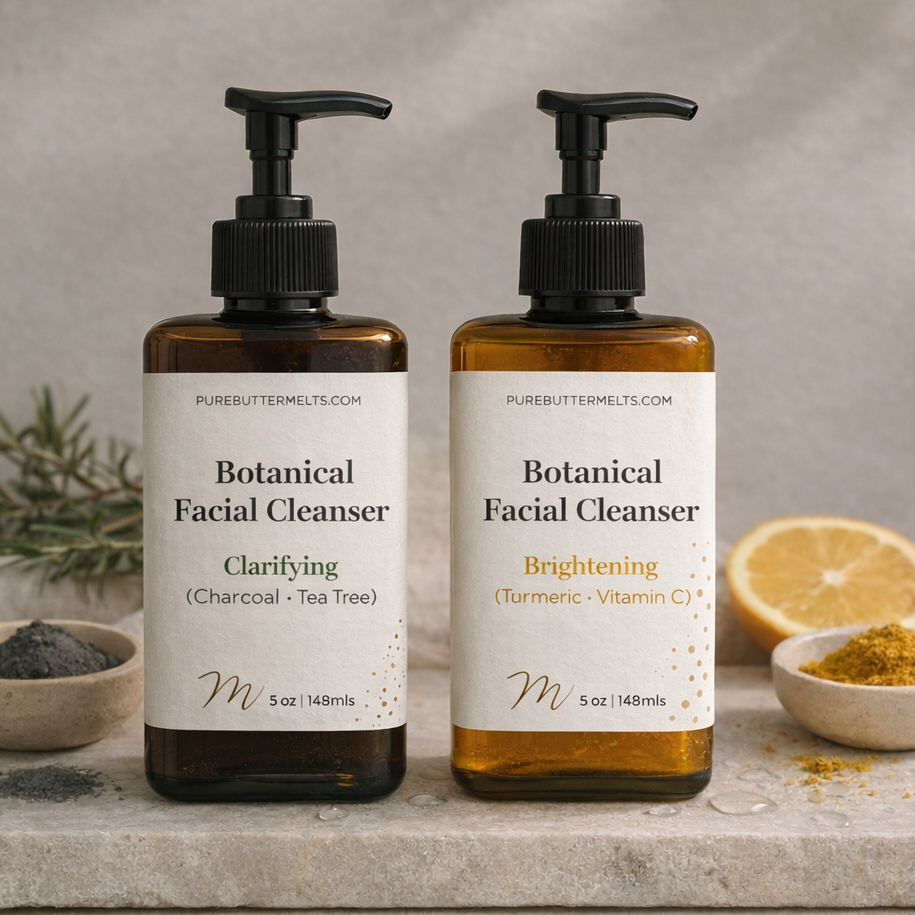 Two bottles of Botanical Facial Cleanser on a stone surface with natural ingredients.