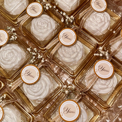 Rose-shaped bridal shower soap favors in gold trays — PureButterMelts custom soap favors