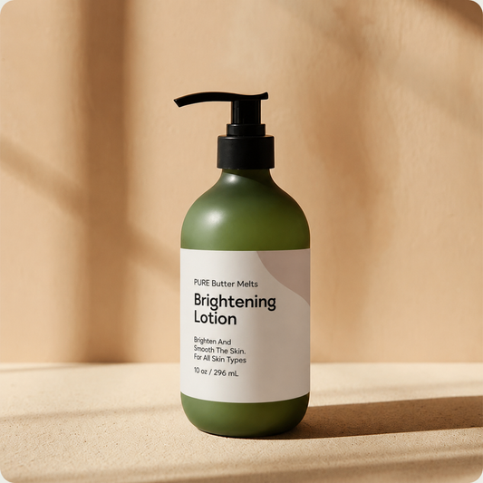 PureButterMelts Brightening Lotion bottle — supports even tone and brighter-looking skin