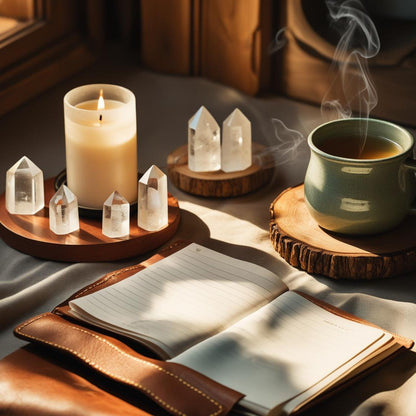 Candle-lit journaling and self-reflection setup supporting holistic mentoring and wellness integration practices.