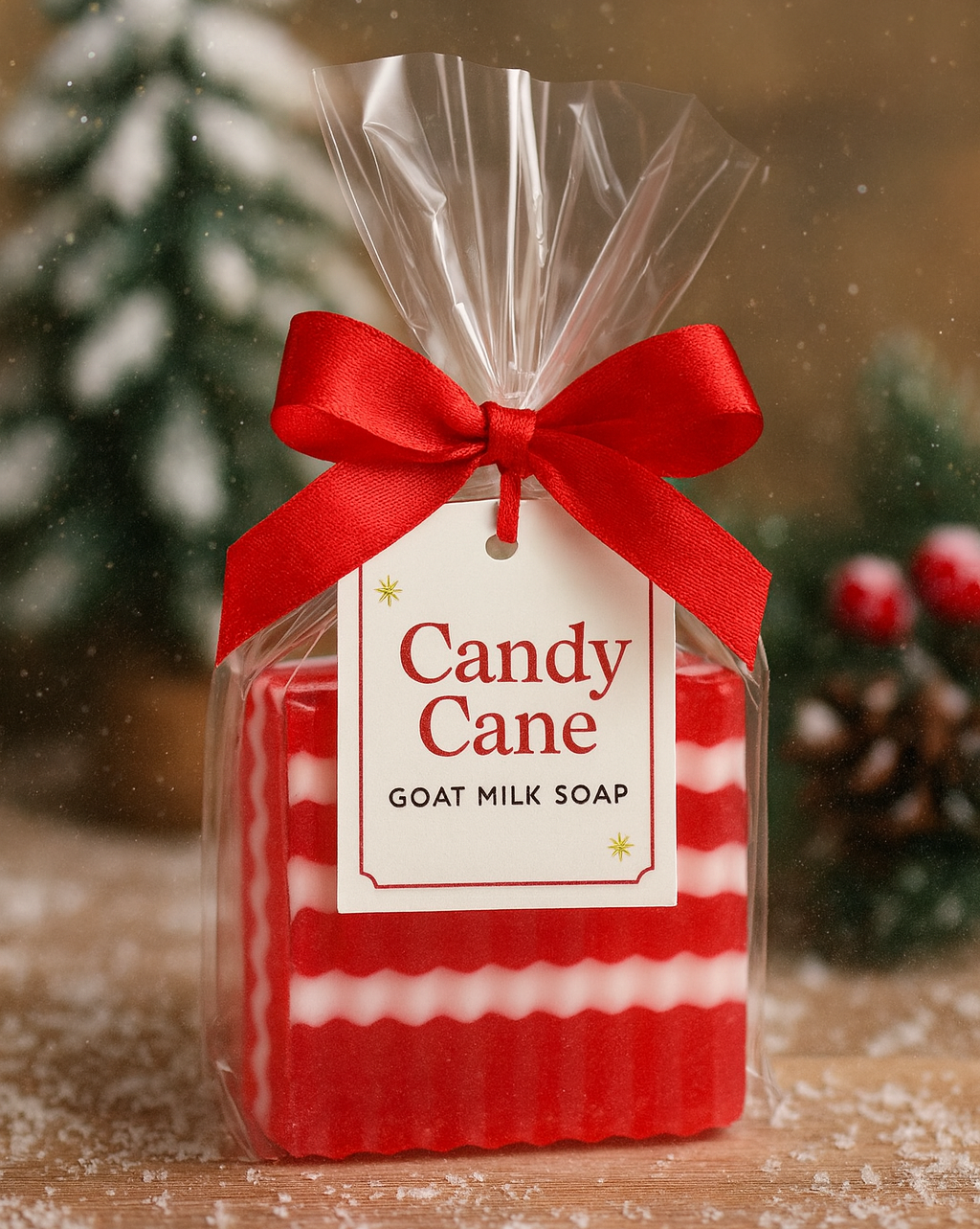 Red and white striped candy cane soap with a red ribbon and 'Candy Cane' label against a Christmas-themed background.
