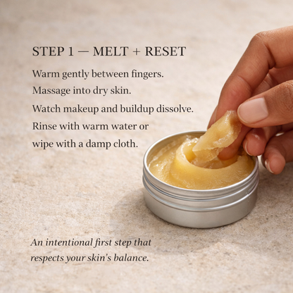 Hand applying a skincare product to skin with text instructions on a beige background