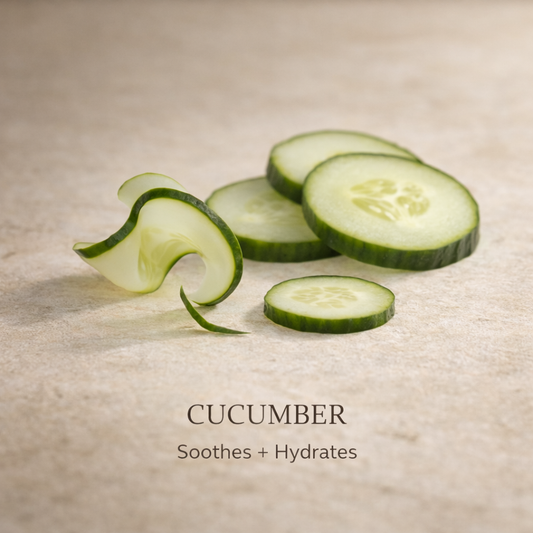 Sliced cucumber on a textured beige background with text 'Cucumber Soothes + Hydrates'.