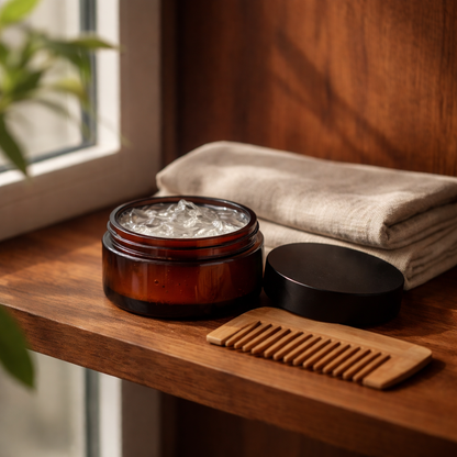 Wooden shelf with a jar of gel, black bowl, and wooden scrubber on a wooden surface.