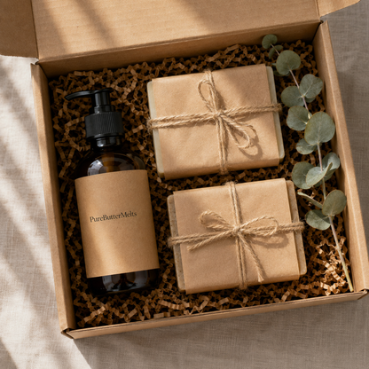 Everyday Indulgence gift set — two soap bars and a 5oz PureButterMelts moisturizer bottle in a kraft box — PureButterMelts