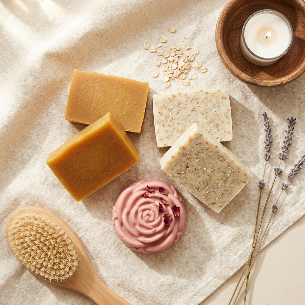 The GLOW Bundle — golden Turmeric, oat-flecked Almond Oats, and rose-shaped Yoni soap bars styled with lavender and oats on linen — PureButterMelts
