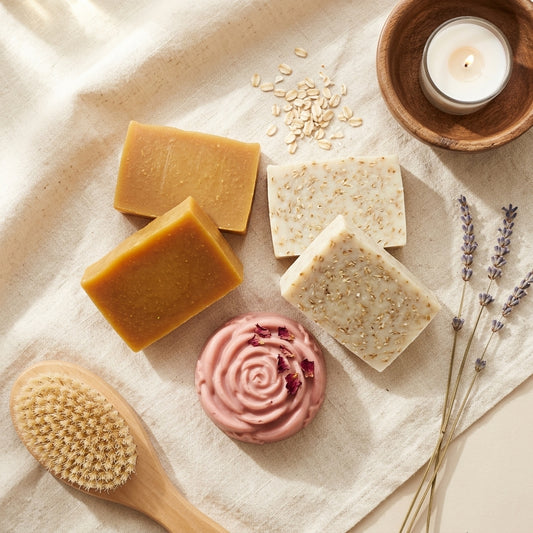 The GLOW Bundle — golden Turmeric, oat-flecked Almond Oats, and rose-shaped Yoni soap bars styled with lavender and oats on linen — PureButterMelts