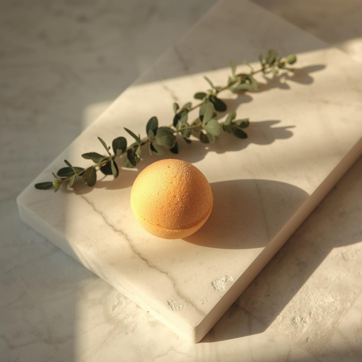 Orange fruit on a marble surface with a branch of leaves