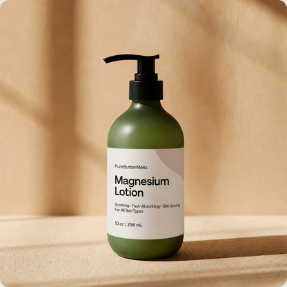 PureButterMelts Magnesium Lotion in open tin — whipped magnesium-infused cream on natural linen