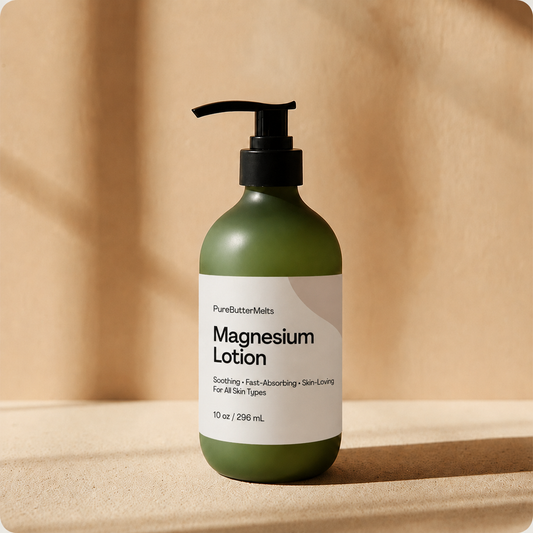 PureButterMelts Magnesium Lotion in open tin — whipped magnesium-infused cream on natural linen