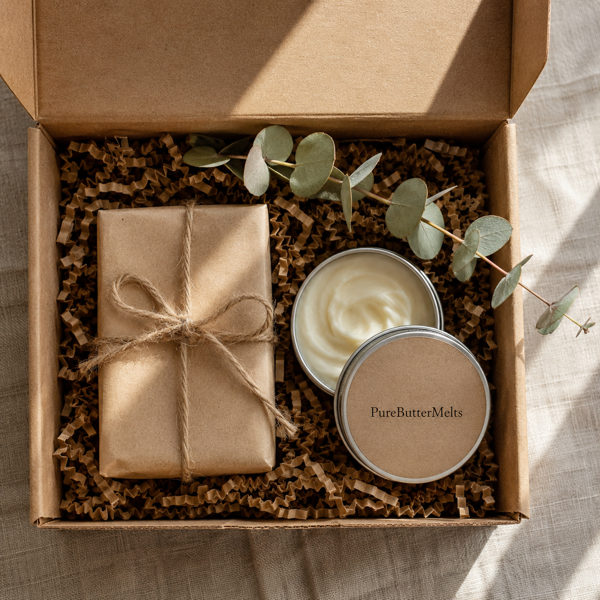 Mini Treat gift set — one soap bar and a 2oz PureButterMelts moisturizer tin in a kraft box — PureButterMelts