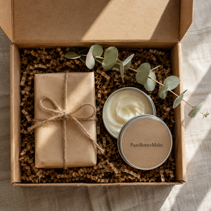 Mini Treat gift set — one soap bar and a 2oz PureButterMelts moisturizer tin in a kraft box — PureButterMelts