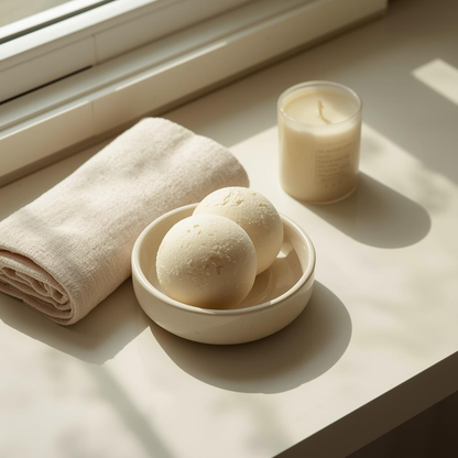 Bath bombs in a bowl with a candle and towel on a light surface