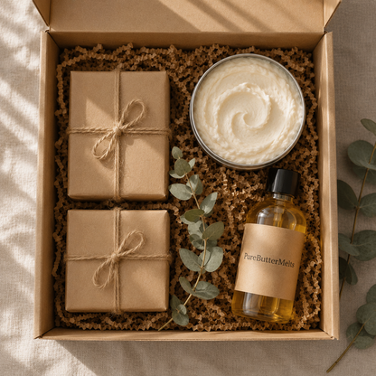 Pamper Box gift set — two soap bars, a 4oz whipped body butter tin, and a 4oz body oil bottle in a kraft box — PureButterMelts