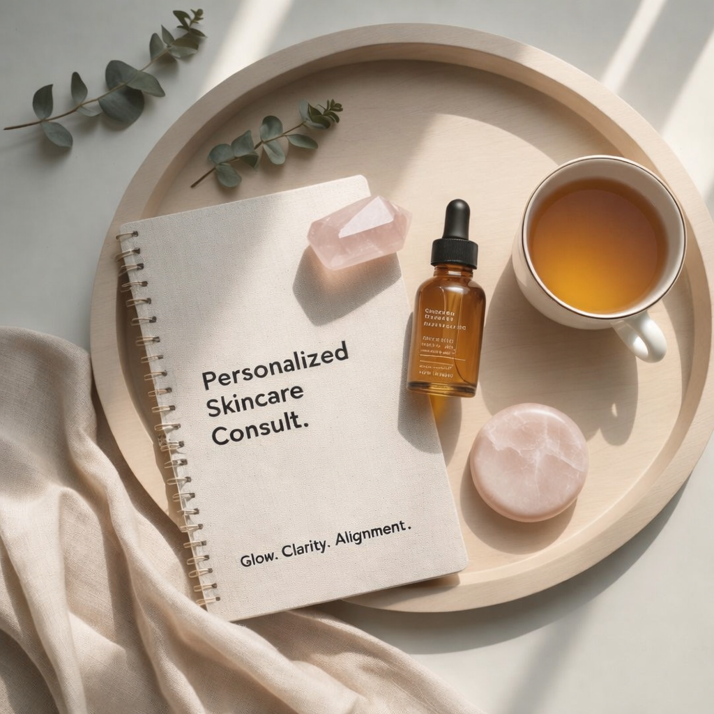 Personalized skincare consultation flat lay featuring wellness notebook, serum bottle, herbal tea, and rose quartz crystal on neutral tray.