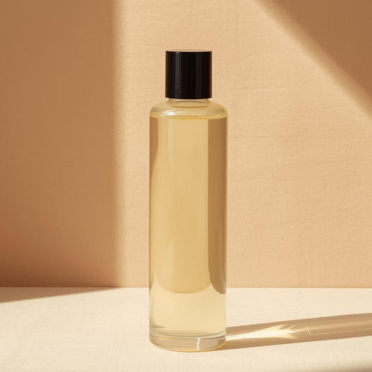 Clear bottle with black cap on a beige background