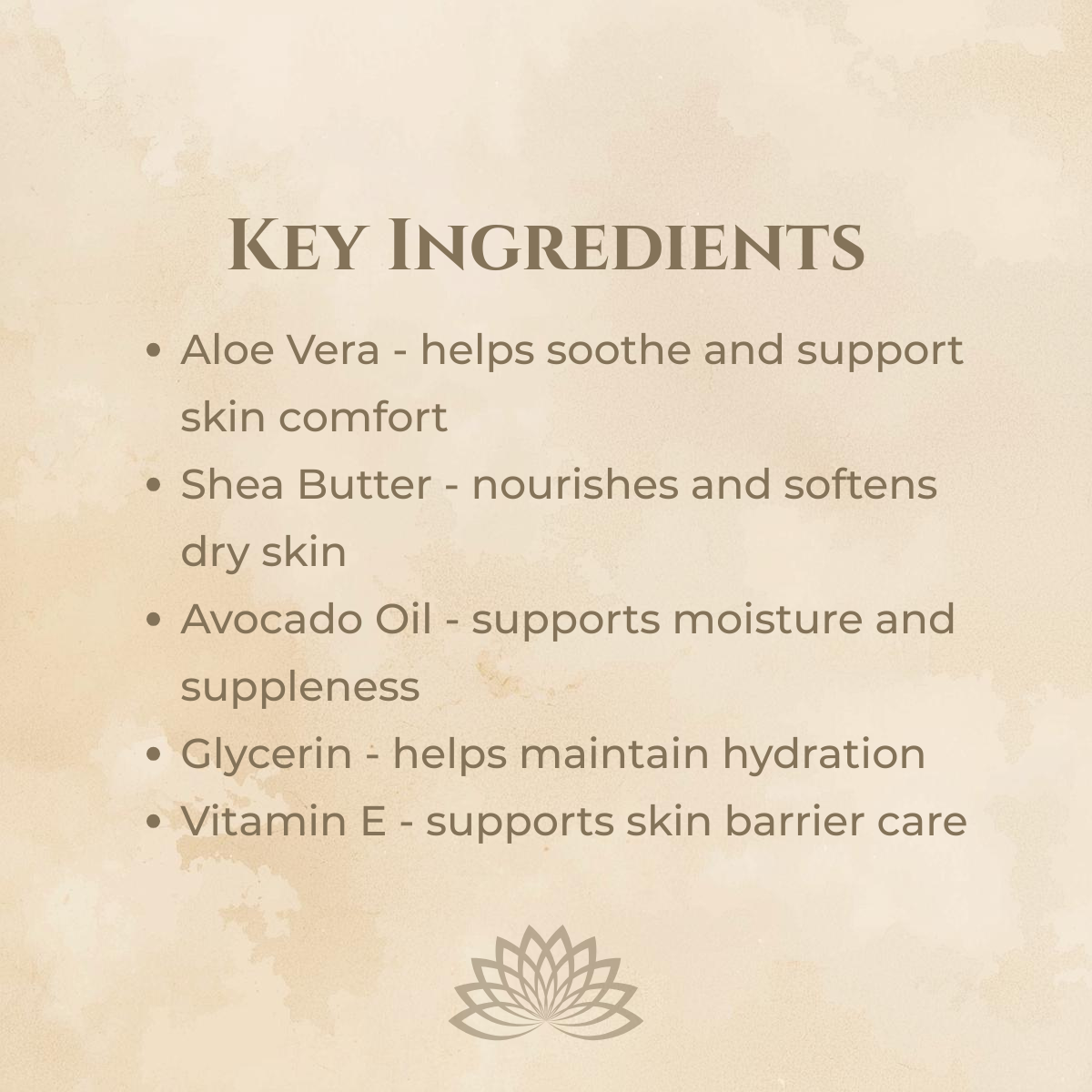 List of key ingredients for skincare product on a beige background