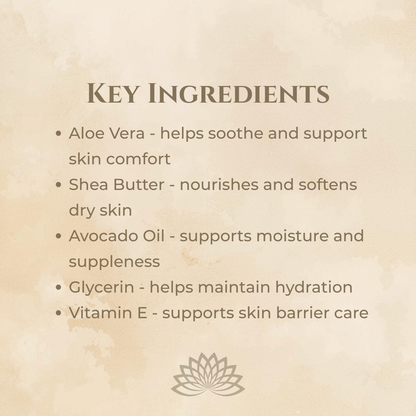 List of key ingredients for skincare product on a beige background