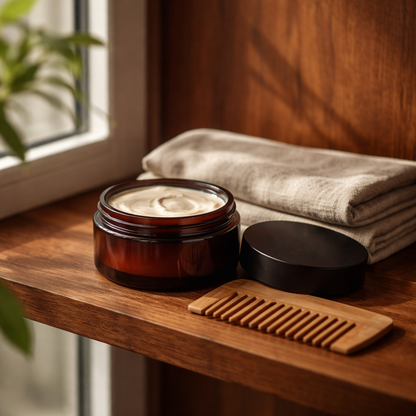 Open dark brown PET plastic hair treatment jar on walnut wood shelf beside folded linen cloth and wooden comb in natural window light.