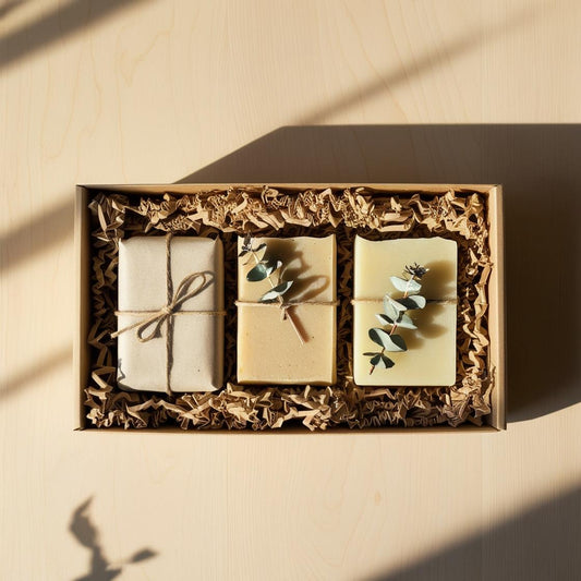 Skincare Gift Set in a kraft box — three handcrafted soap bars styled with eucalyptus — PureButterMelts