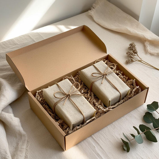 Skincare Gift Set in a kraft box — two handcrafted soap bars tied with twine, styled with eucalyptus — PureButterMelts