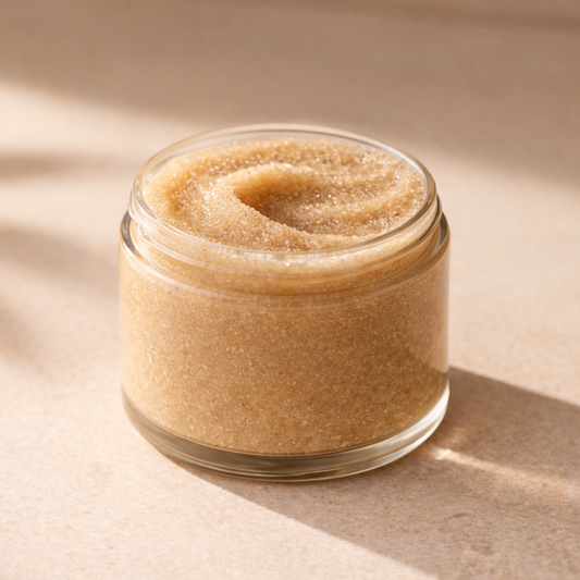 Glass jar filled with brown sugar scrub on a beige background