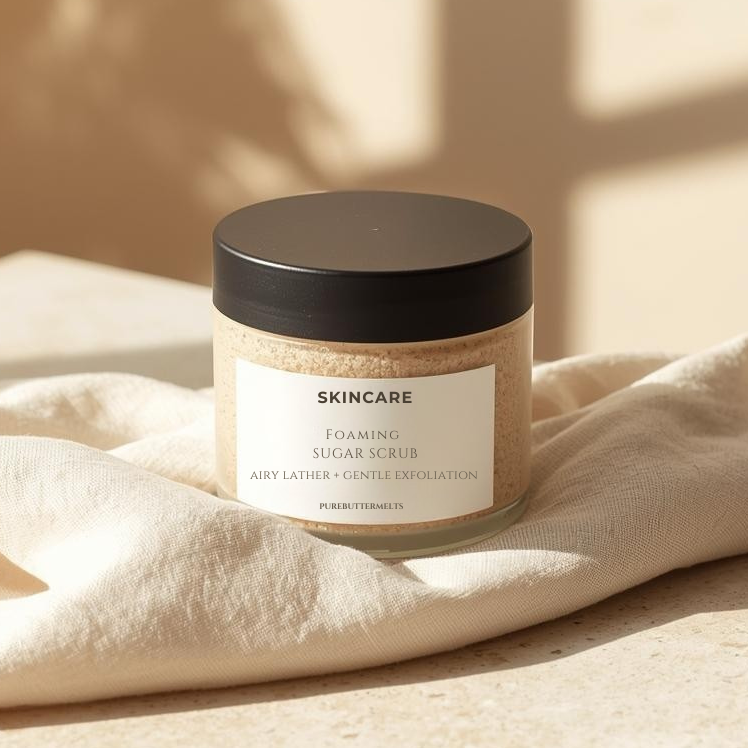 Skincare jar with black lid on a white cloth against a beige wall