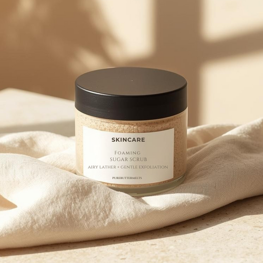 Skincare jar with black lid on a white cloth against a beige wall