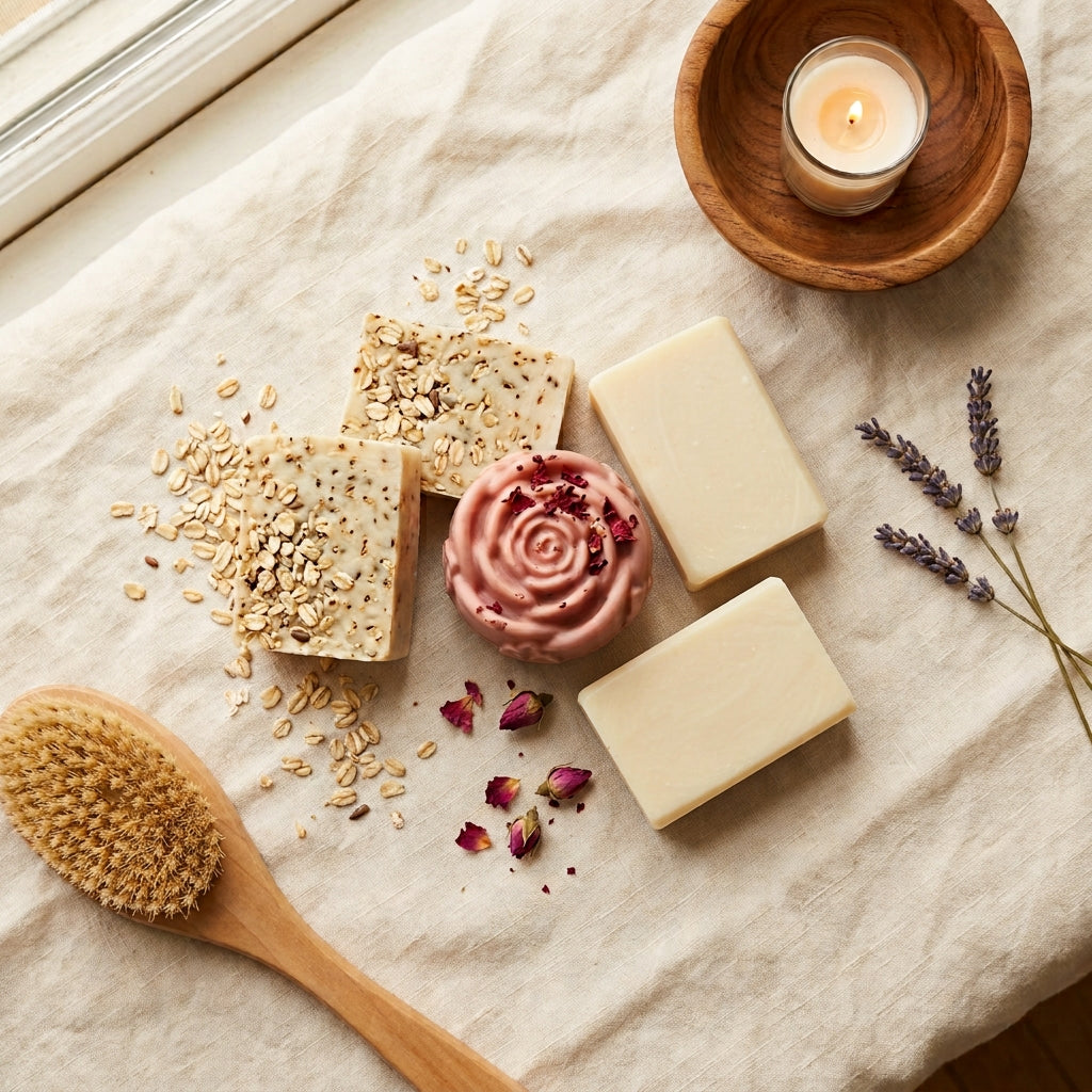 2 smooth pale ivory Rice Milk bars, 2 cream-colored bars with visible oat flecks (Almond Oats), and 1 soft rose-pink, rose-shaped Yoni bar finished with a few dried rose petals