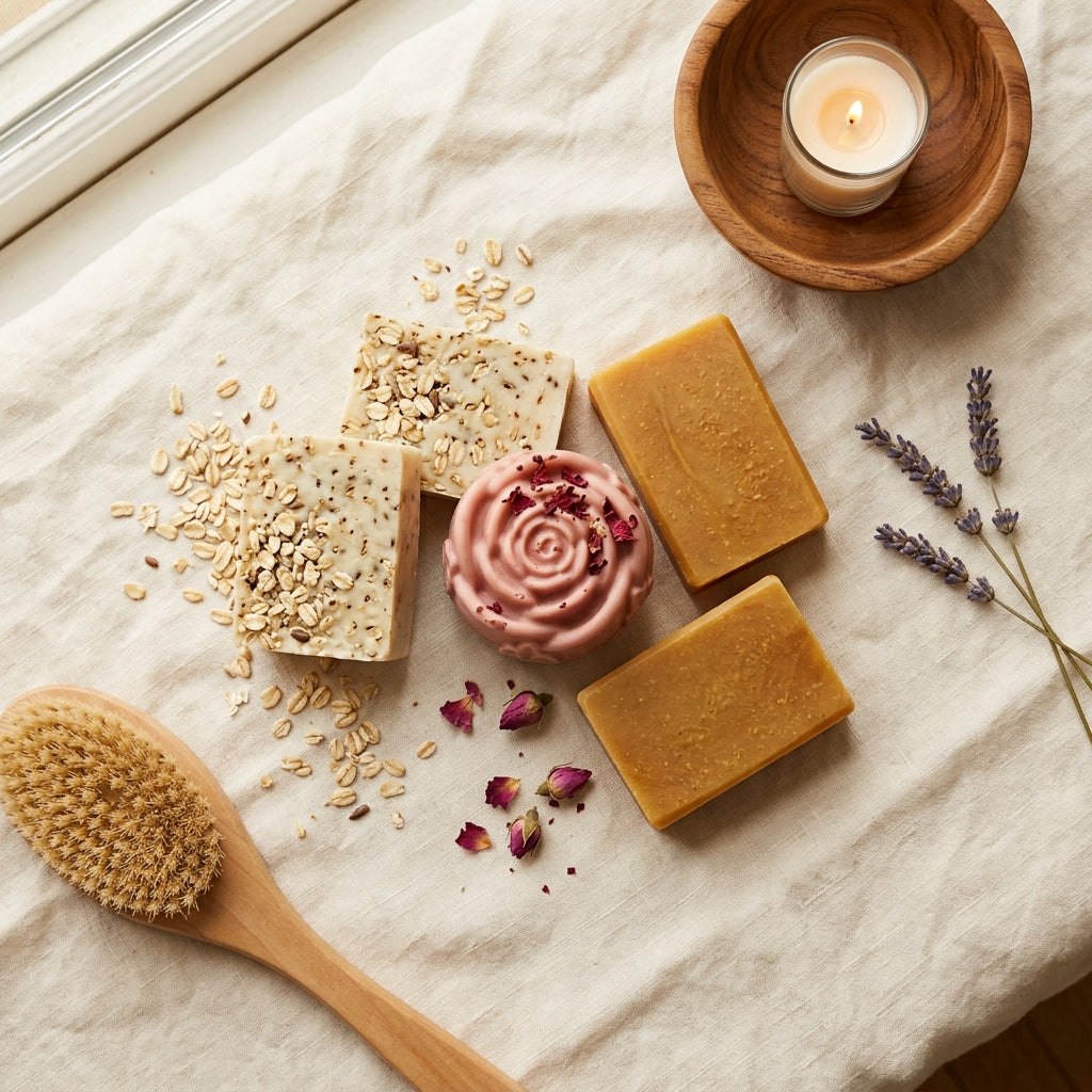 2 smooth golden-amber Turmeric bars, 2 cream-colored bars with visible oat flecks (Almond Oats), and 1 soft rose-pink, rose-shaped Yoni bar finished with a few dried rose petals