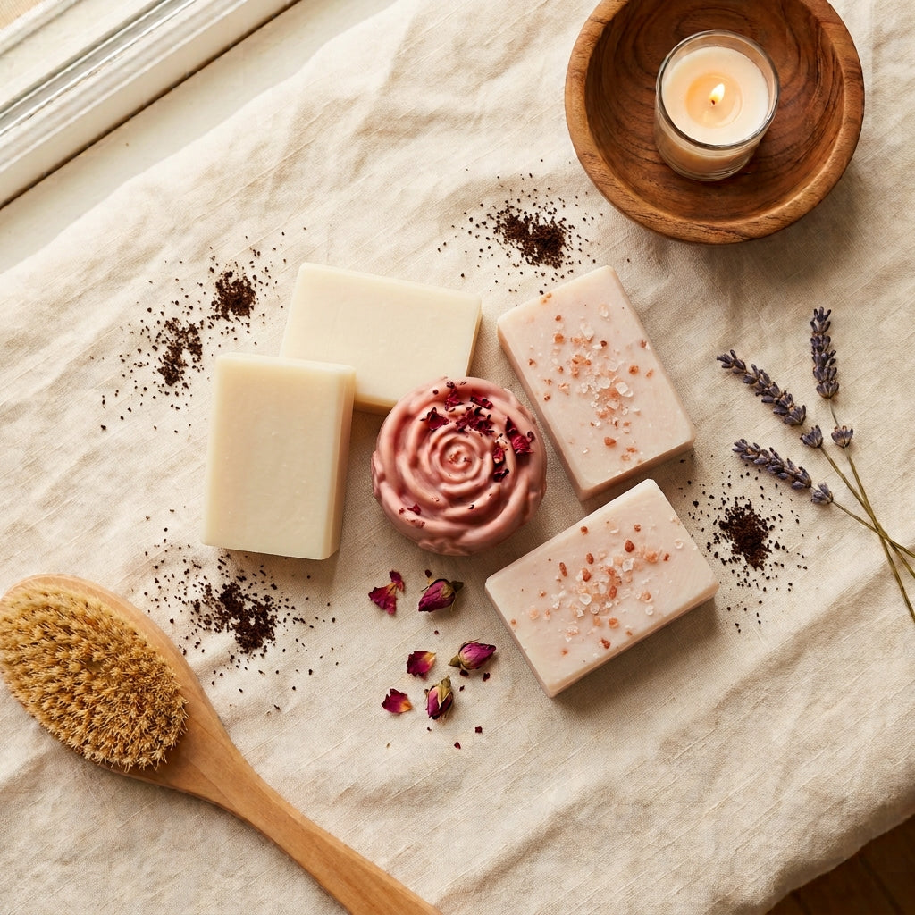 2 smooth ivory-white Goat's Milk bars, 2 soft blush-white bars with visible pink Himalayan salt crystals (Salted Spa), and 1 soft rose-pink, rose-shaped Yoni bar finished with a few dried rose petals