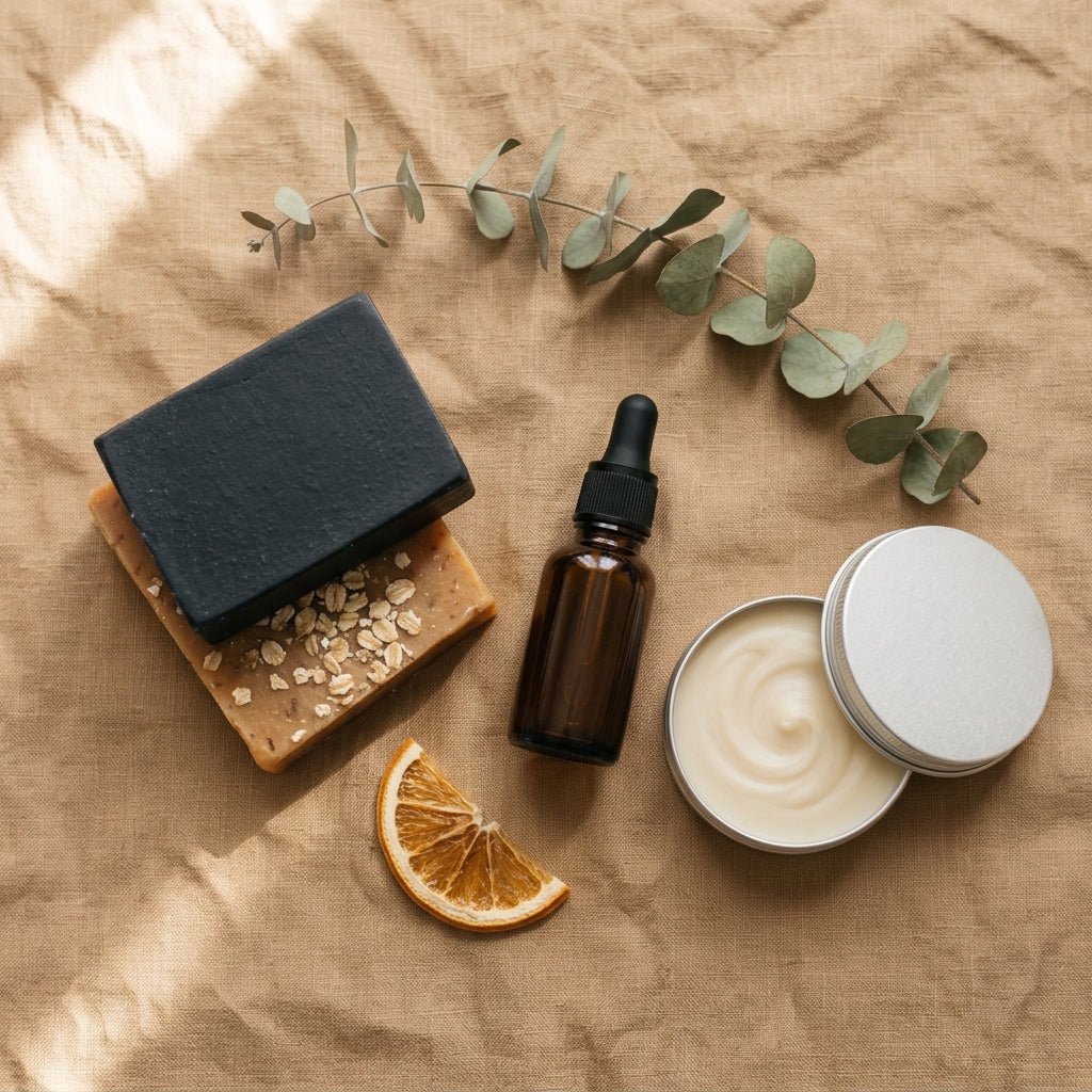 A styled flat-lay of natural skincare products on a textured tan fabric background, including a black soap bar, an amber dropper bottle, a silver tin of cream, oats, a dried orange slice, and eucalyptus leaves.