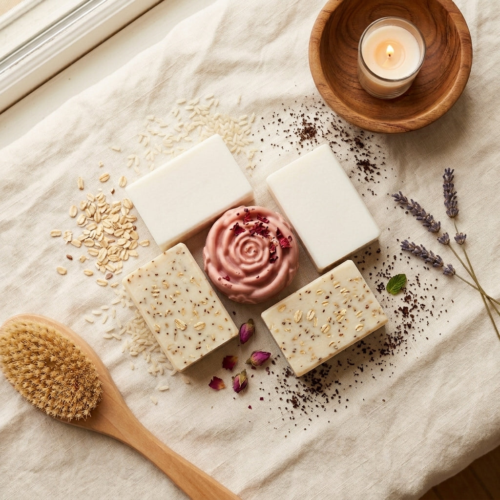2 smooth ivory-white Goat's Milk bars, 2 cream-colored bars with visible oat flecks (Almond Oats), and 1 soft rose-pink, rose-shaped Yoni bar finished with a few dried rose petals