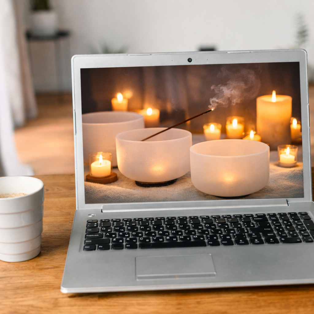 Laptop displaying virtual sound bath meditation with candlelight and crystal singing bowls creating a calming online sound healing environment.