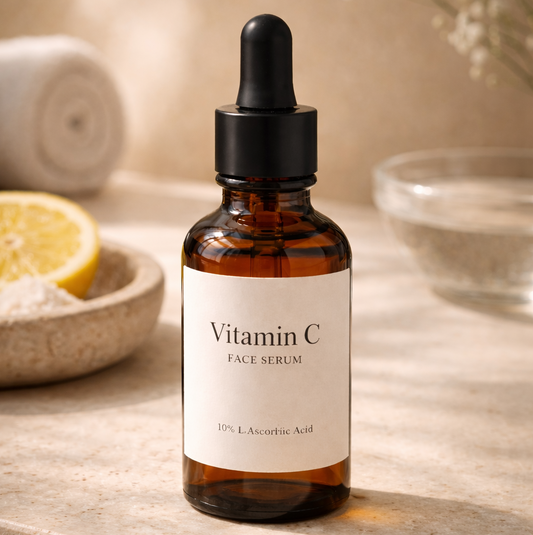 Vitamin C face serum bottle on a stone surface with a neutral background