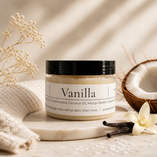 Jar of vanilla body scrub with vanilla beans and flowers on a neutral background