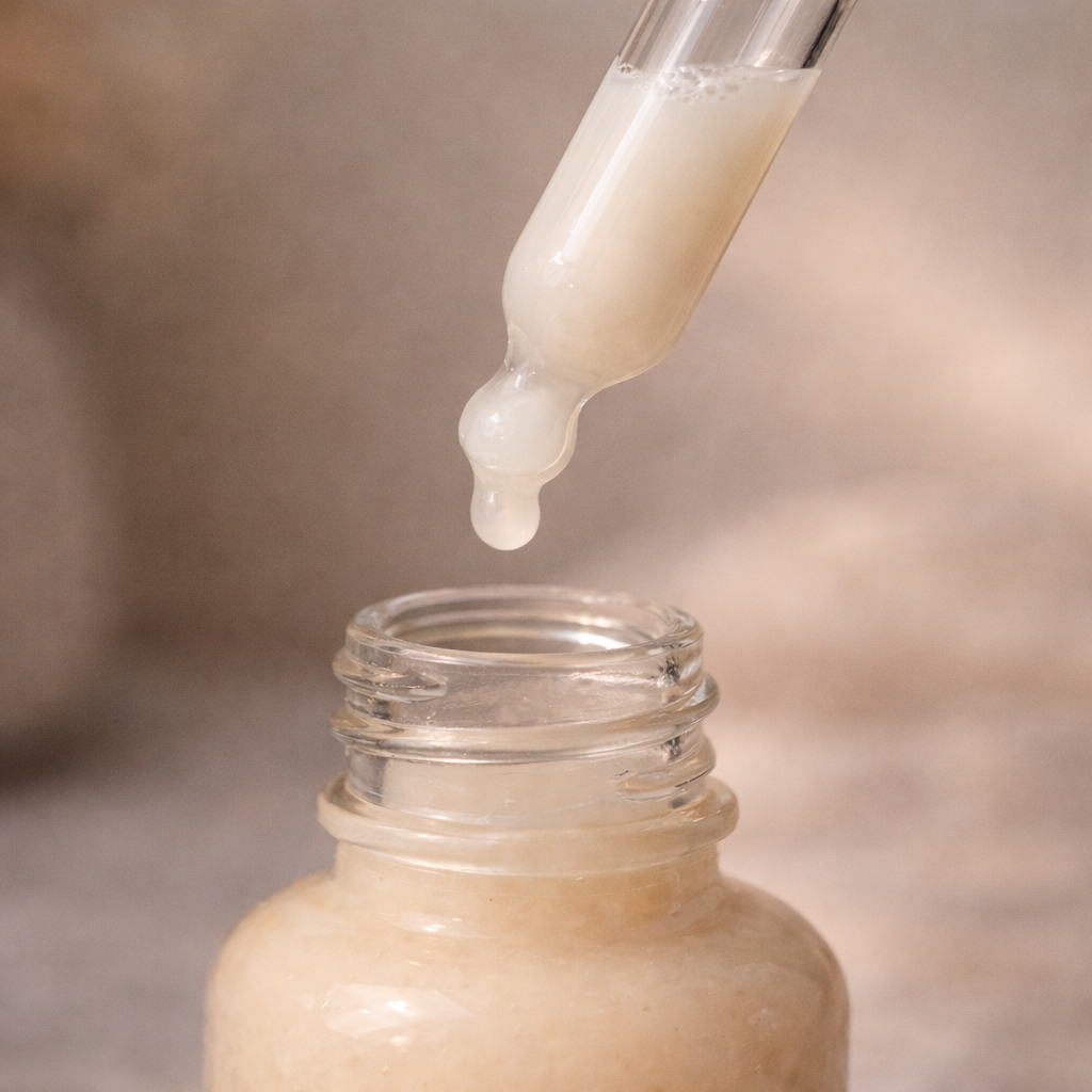 Close-up of a dropper with liquid being dispensed into a glass jar on a neutral background